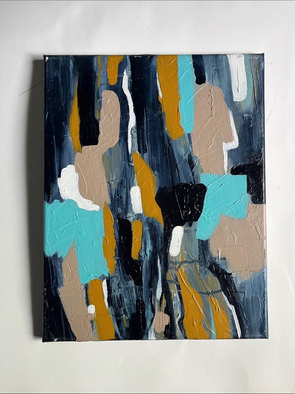 Abstract Modern Canvas Painting in Teal, Mustard, Black and Beige | 11x14